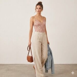 Lulus Floral Bodysuit L Rust White Polyester Cottagecore Coquette Boho Summer